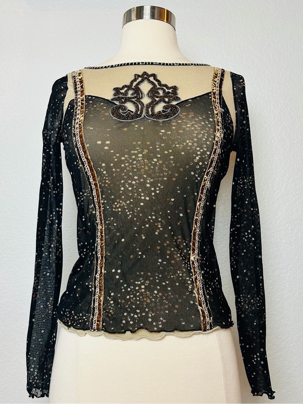 Sonia Fortuna Firenze Top Women's S Brown Sheer Sleeve Embroidered Fleur De Lis